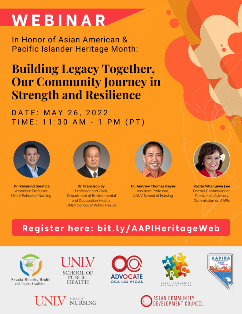 Flyer for webinar in honor of asian american and pacific islander heritage month titled building legacy together, our community journey in strength and resilience on May 26 from 11:30am to 1pm.