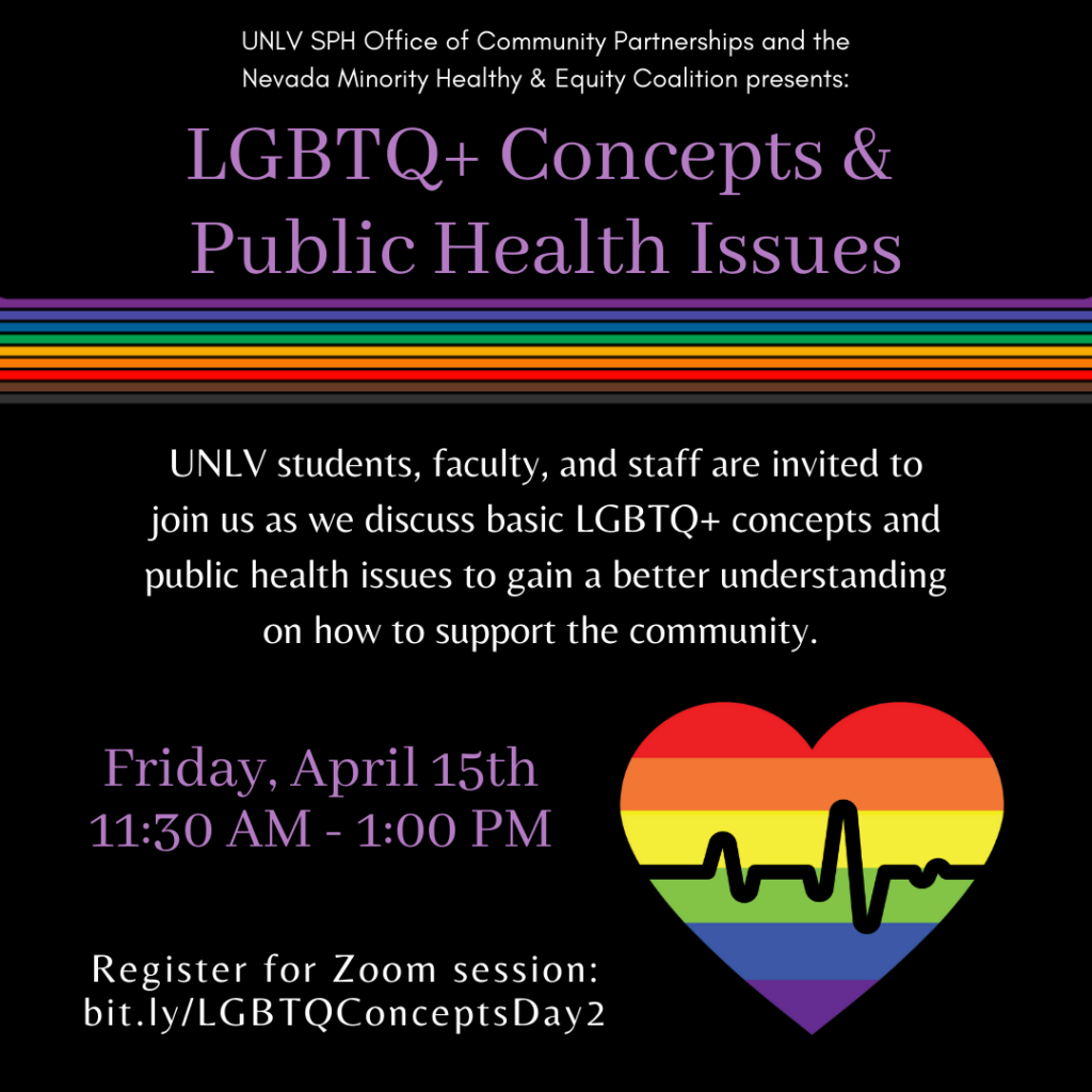 UNLV students, faculty, and staff are invited to join us as we discuss basic LGBTQ+ concepts and public helath issues to gain a better understanding on how to support the community.